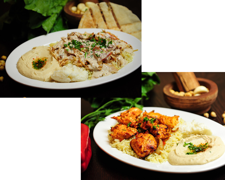 Garlic Crush Mediterranean plate with kebab and hummus